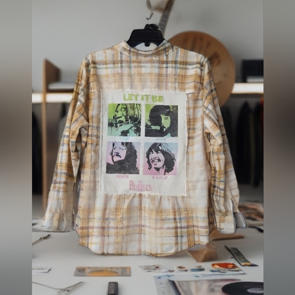 Upcycled BEATLES distressed Plaid Shirt, One Of A Kind